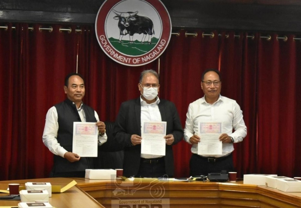 Chief Secretary Dr J Alam with APC&MD FOCUS-Nagaland Wezope Kenye during the signing of Memorandum of Agreement in Kohima on June 30. (DIPR Photo)